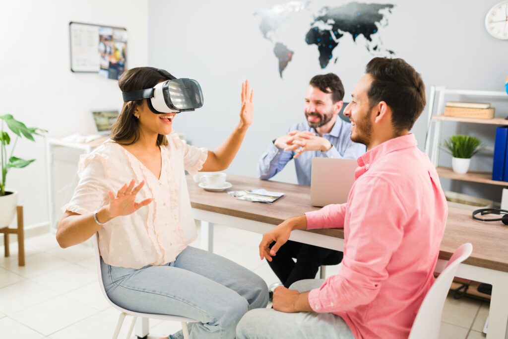 woman using virtual reality headset in a hospitality and tourism agency