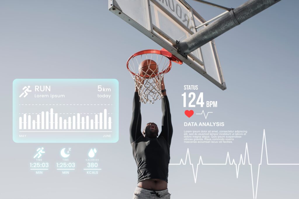 man playing basketball reflected in a technology in sports application